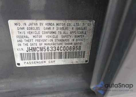 2004 Honda Accord 2.4 Lx from USA, damaged, VIN JHMCM56334C006958